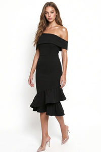 Off The Shoulder Foldover Neckline Midi Dress