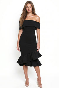 Off The Shoulder Foldover Neckline Midi Dress