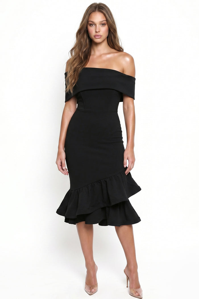 Off The Shoulder Foldover Neckline Midi Dress