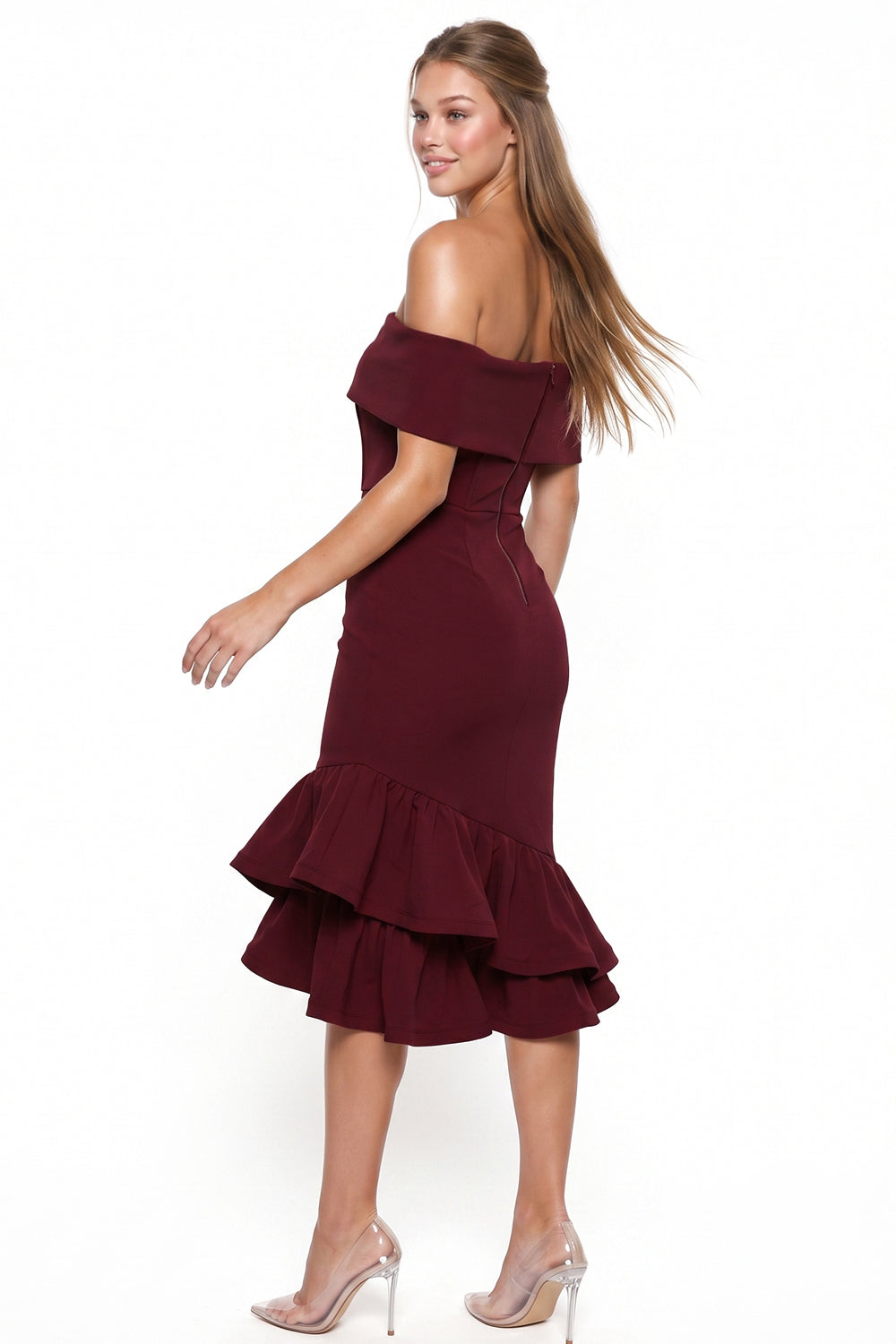 Off The Shoulder Foldover Neckline Midi Dress
