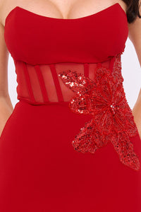 Strapless Embellished Flower Midi Dress