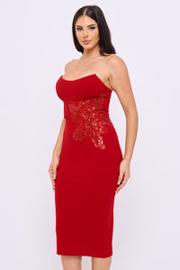 Strapless Embellished Flower Midi Dress