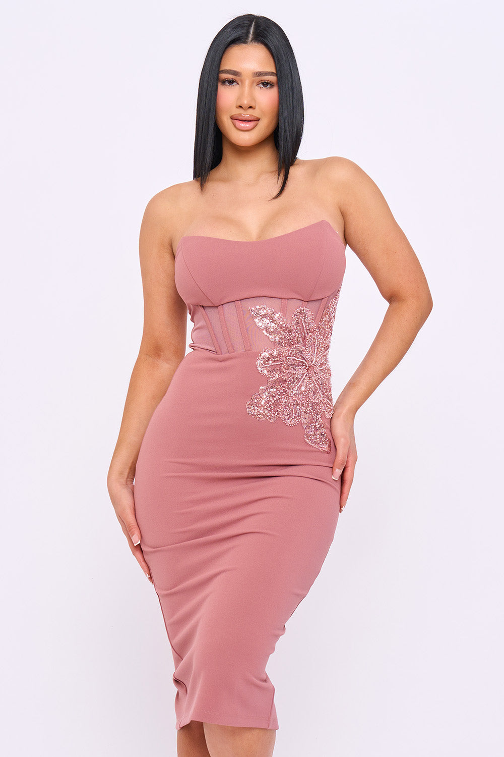 Strapless Embellished Flower Midi Dress