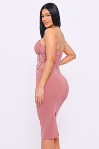 Strapless Embellished Flower Midi Dress