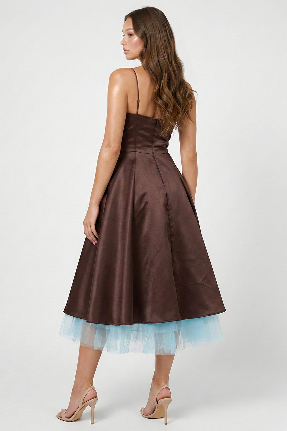 Satin Layered Tulle Hem Midi Dress