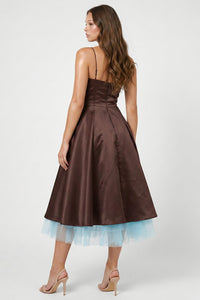 Satin Layered Tulle Hem Midi Dress