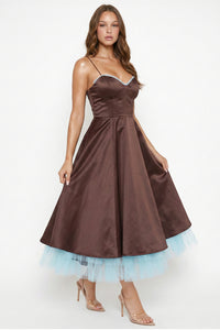 Satin Layered Tulle Hem Midi Dress