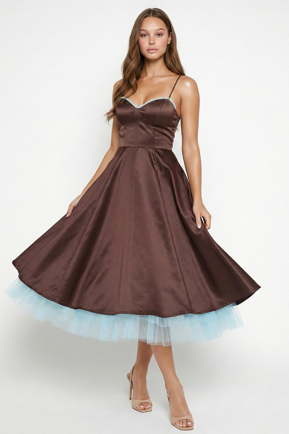 Satin Layered Tulle Hem Midi Dress