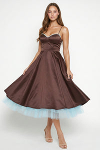 Satin Layered Tulle Hem Midi Dress