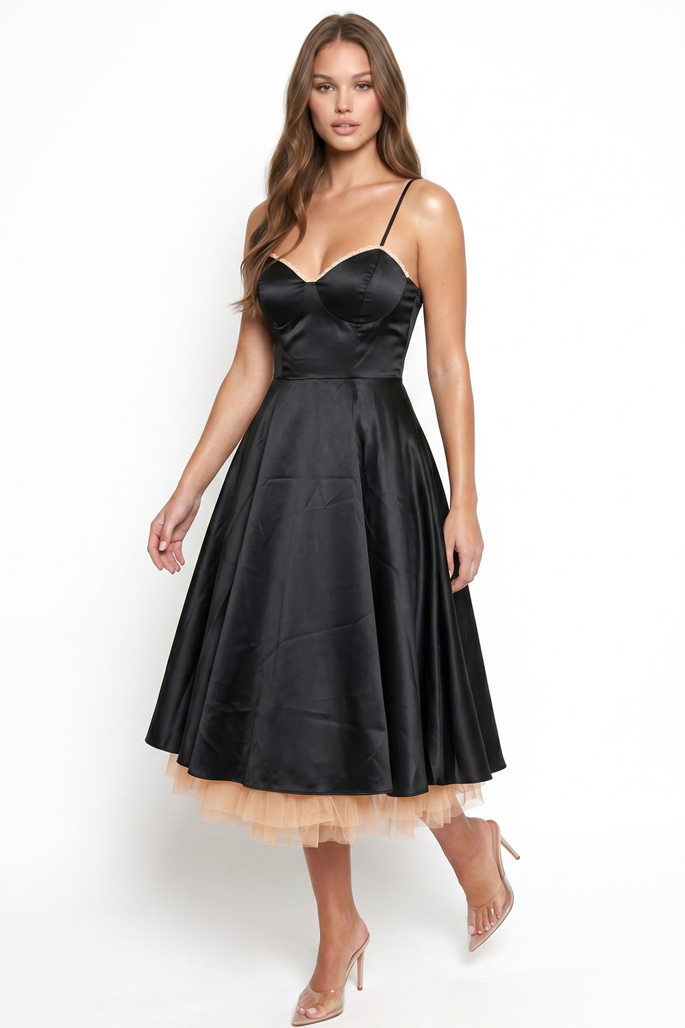 Satin Layered Tulle Hem Midi Dress