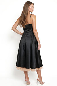 Satin Layered Tulle Hem Midi Dress