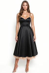 Satin Layered Tulle Hem Midi Dress