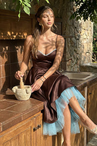 Satin Layered Tulle Hem Midi Dress