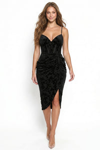 Burnout Velvet Drape Shirring Midi Dress