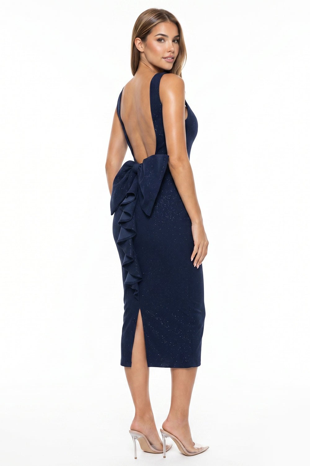Glitter Bow With Cascading Ruffle Midi Dress