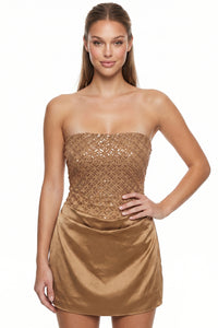 Bead & Sequins On Mesh Satin Mini Dress