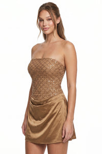 Bead & Sequins On Mesh Satin Mini Dress