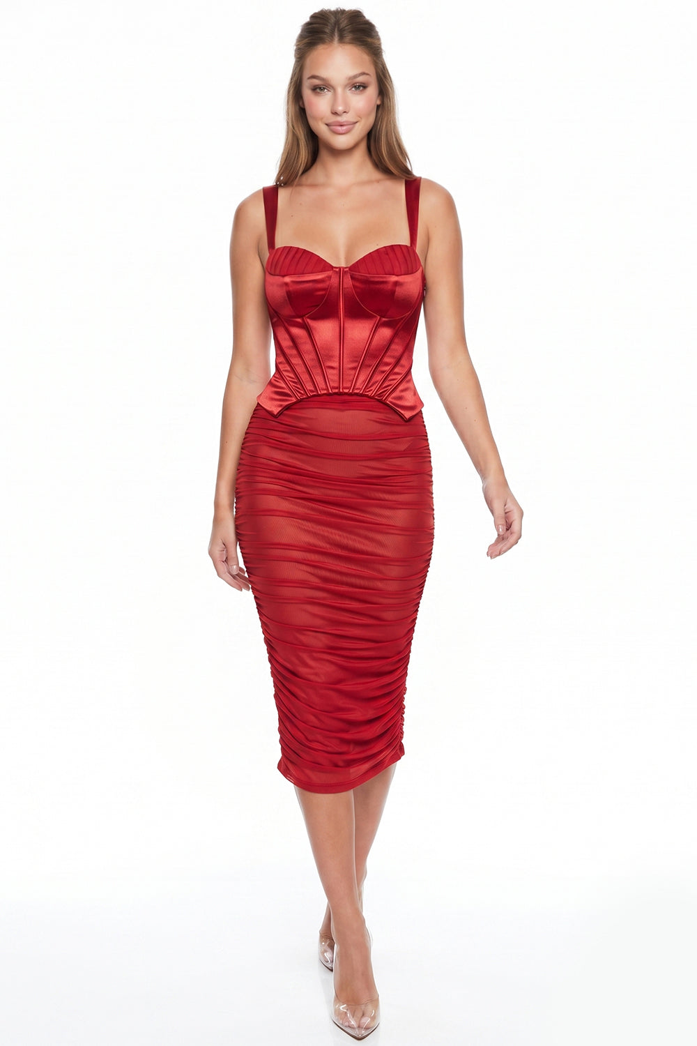 Satin Corset Shirred Midi Dress