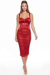 Satin Corset Shirred Midi Dress