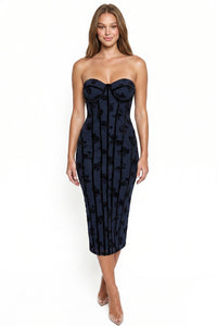 Floral Flocked Velvet Boning Midi Dress