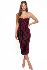 Floral Flocked Velvet Boning Midi Dress