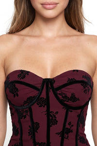 Floral Flocked Velvet Boning Midi Dress