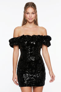 Rose Pattern Sequin On Velvet Mini Dress