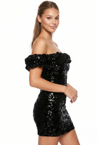 Rose Pattern Sequin On Velvet Mini Dress