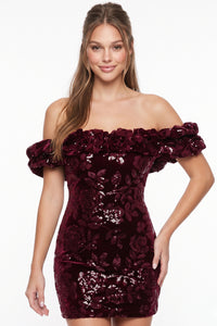 Rose Pattern Sequin On Velvet Mini Dress