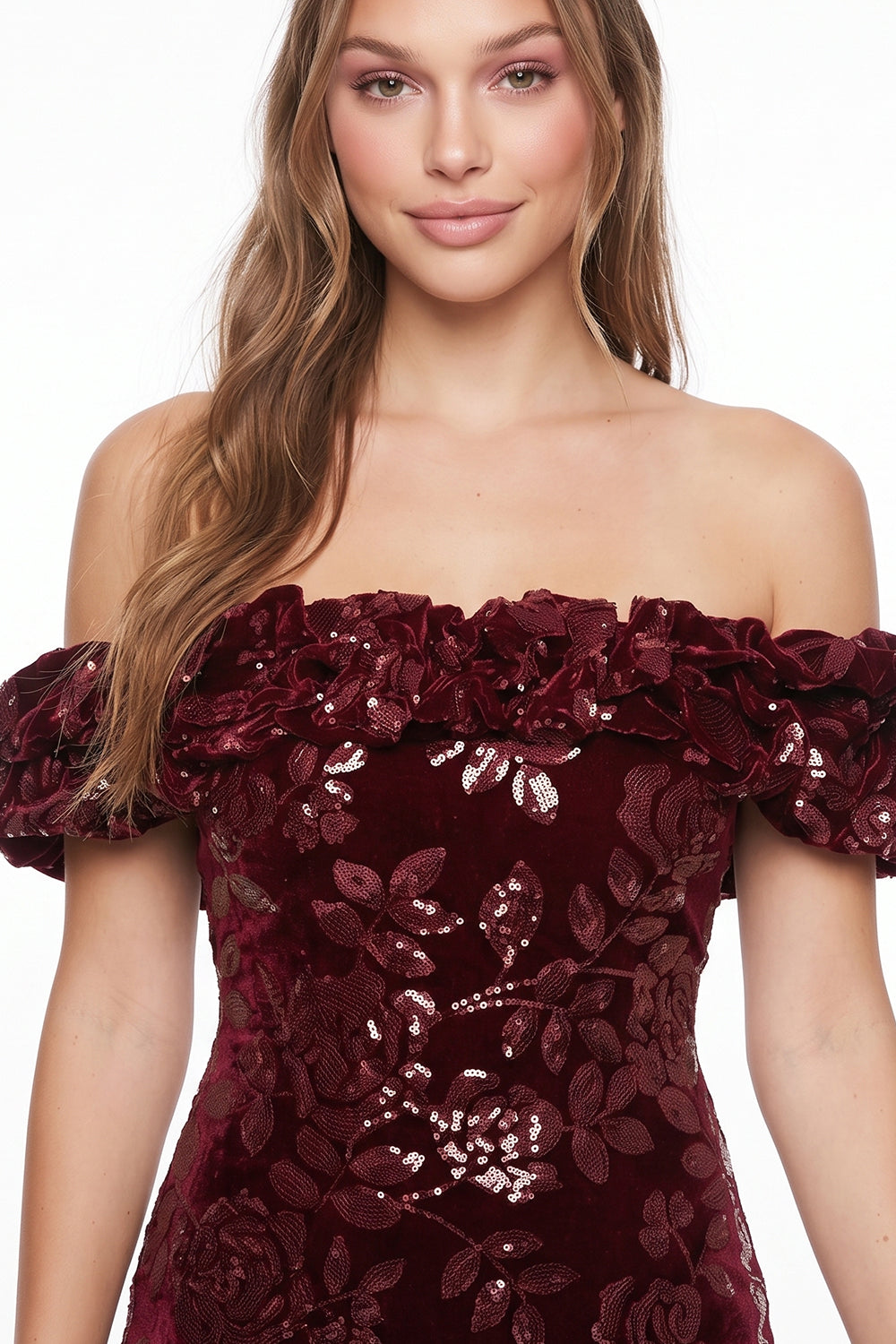 Rose Pattern Sequin On Velvet Mini Dress