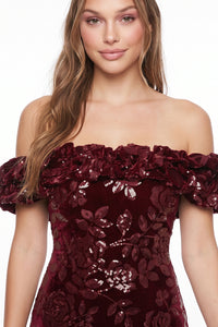 Rose Pattern Sequin On Velvet Mini Dress