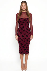 Floral Flocked Mesh Mock Neck Midi Dress