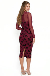 Floral Flocked Mesh Mock Neck Midi Dress