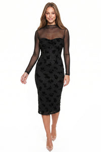 Floral Flocked Mesh Mock Neck Midi Dress