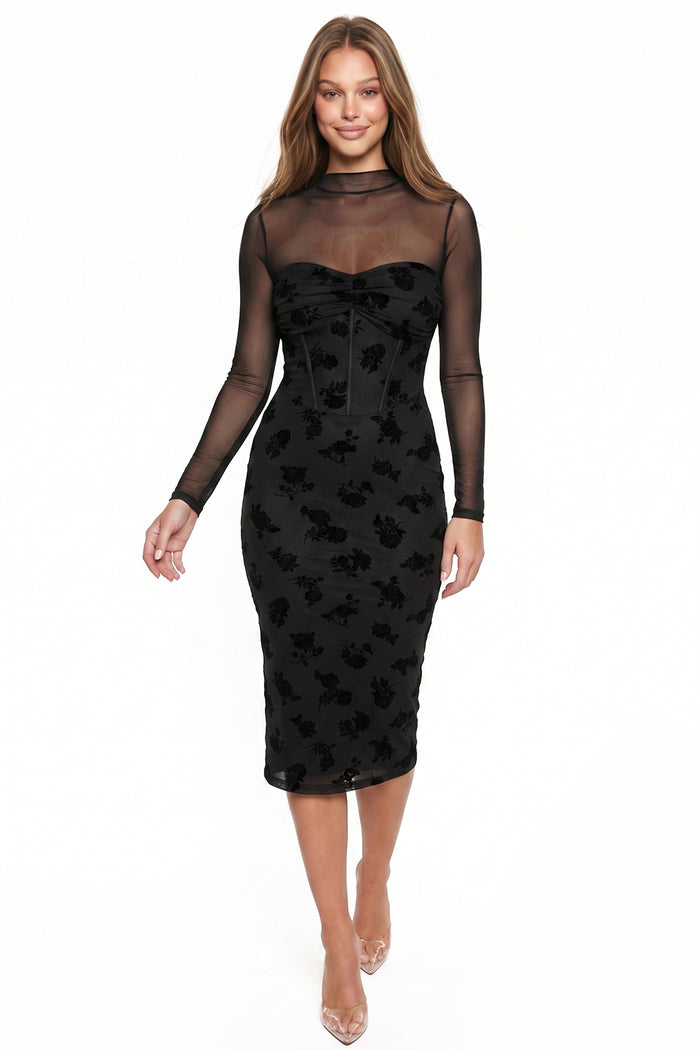 Floral Flocked Mesh Mock Neck Midi Dress