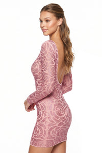 Floral Patterned Rhinestone On Mesh Mini Dress