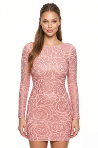 Floral Patterned Rhinestone On Mesh Mini Dress