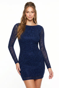 Floral Patterned Rhinestone On Mesh Mini Dress