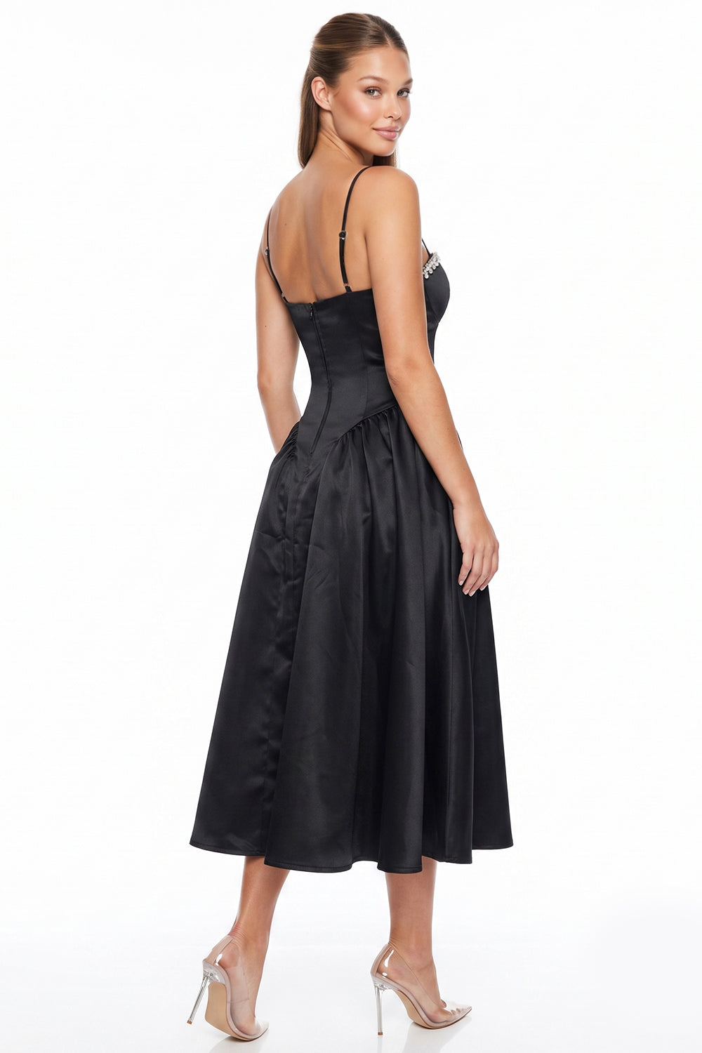 Jewel Trim Sweetheart Satin Midi Dress