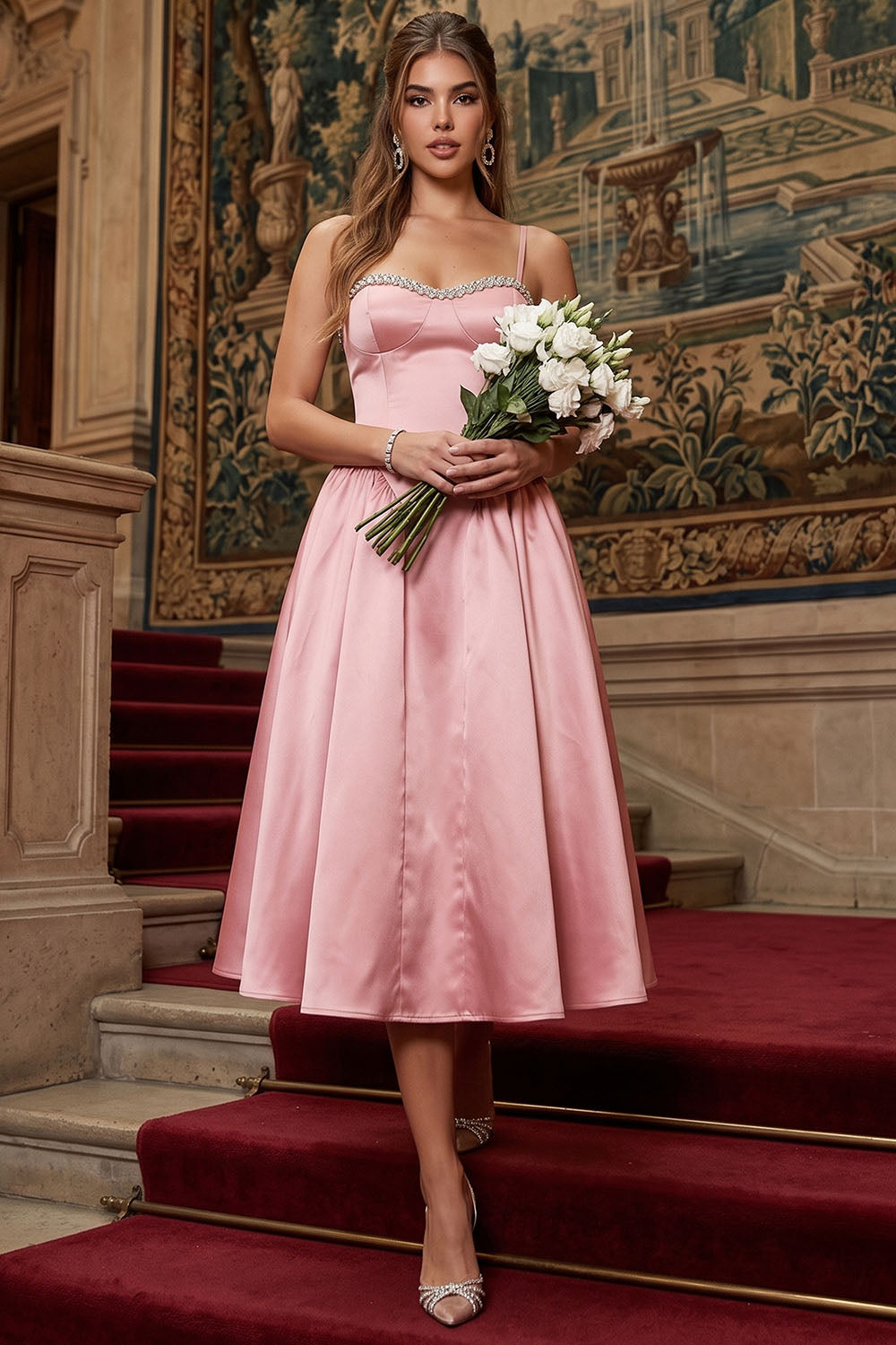 Jewel Trim Sweetheart Satin Midi Dress