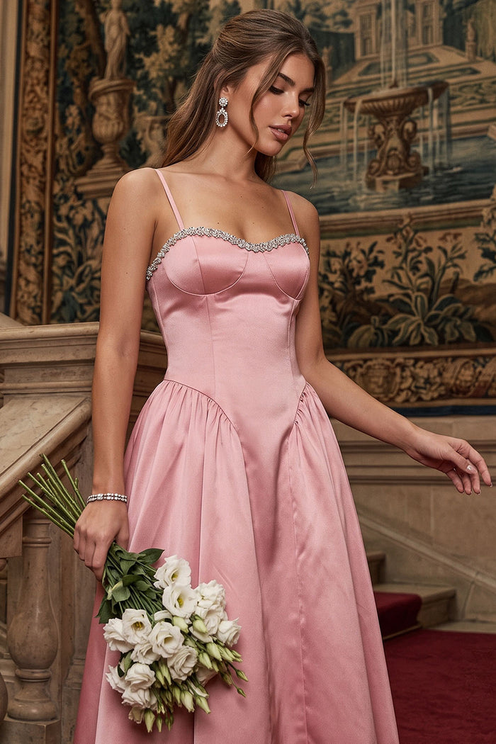 Jewel Trim Sweetheart Satin Midi Dress
