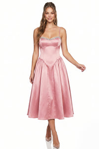 Jewel Trim Sweetheart Satin Midi Dress