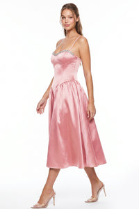 Jewel Trim Sweetheart Satin Midi Dress