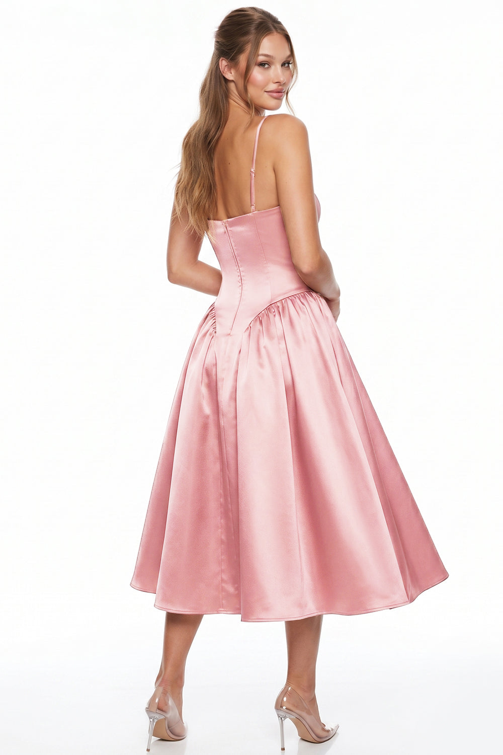 Jewel Trim Sweetheart Satin Midi Dress