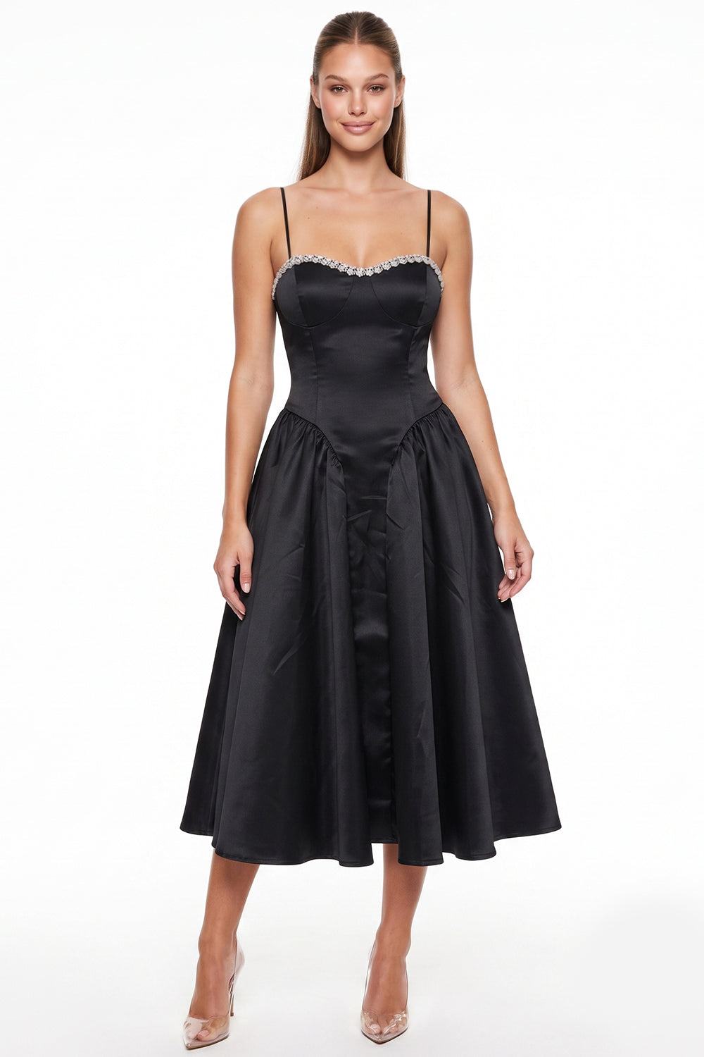 Jewel Trim Sweetheart Satin Midi Dress