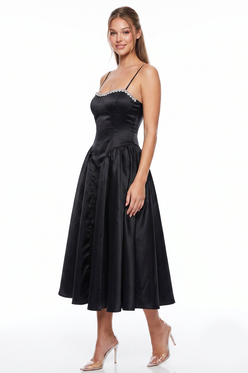 Jewel Trim Sweetheart Satin Midi Dress