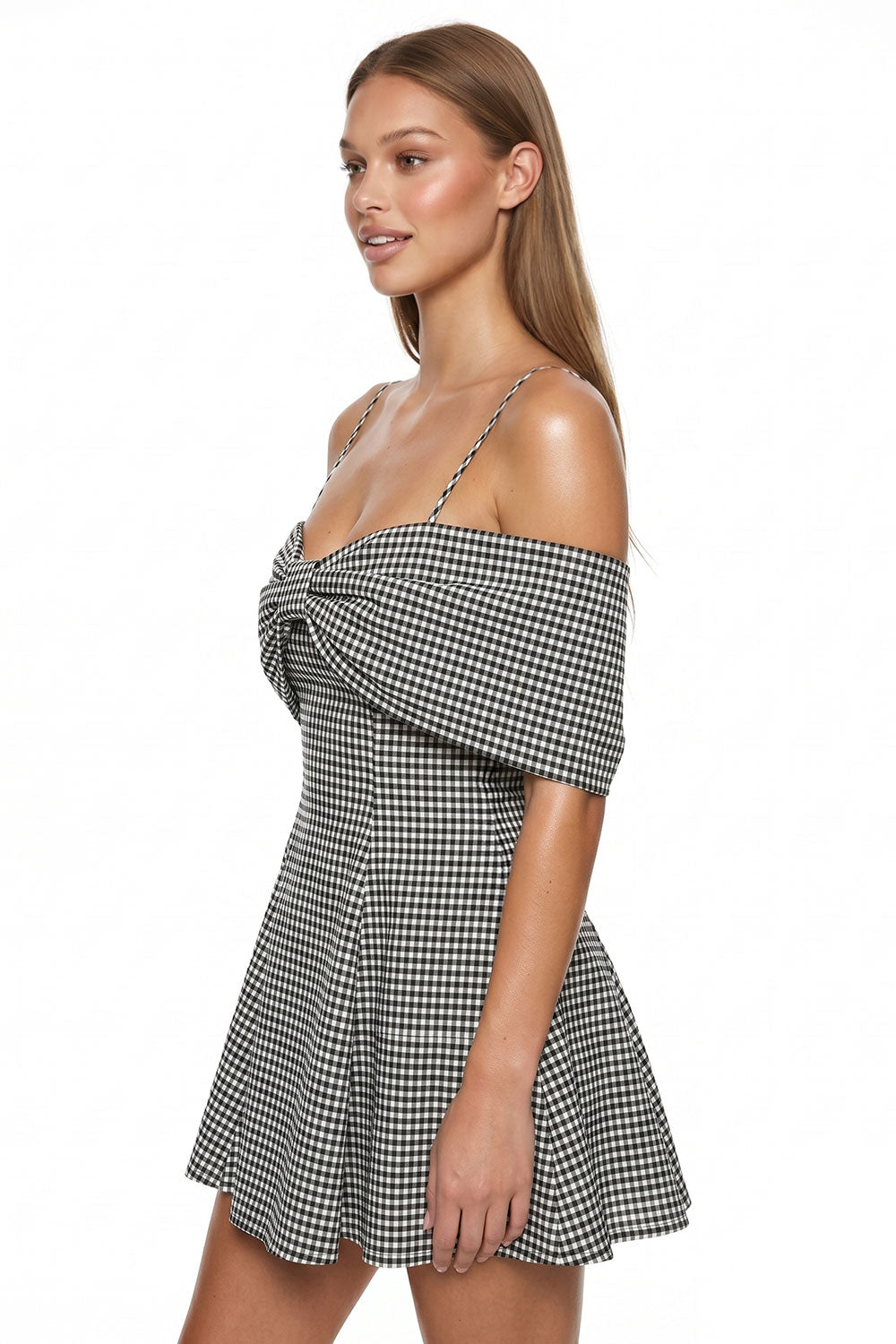 Gingham Off Shoulder Bow Mini Dress