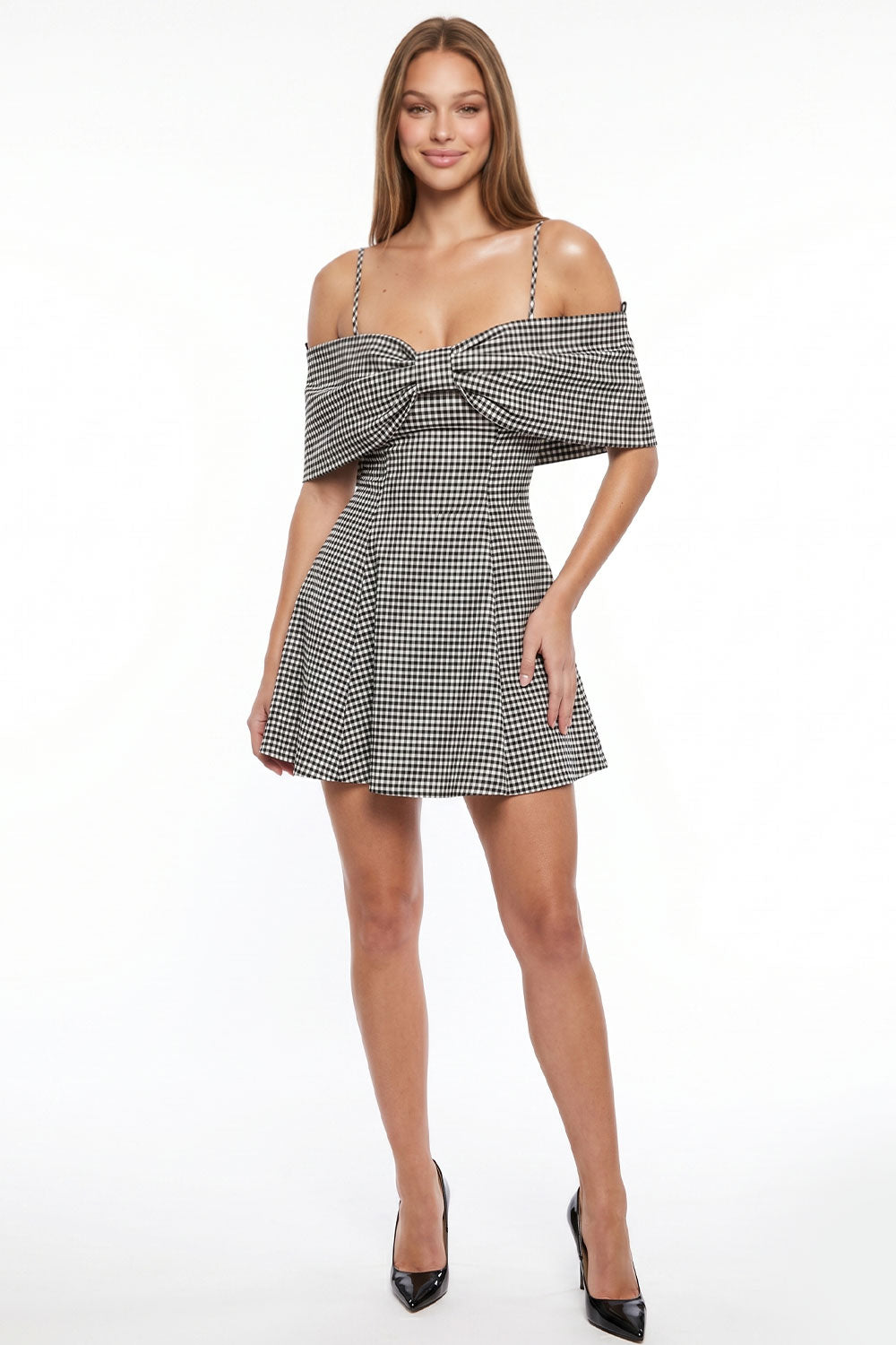 Gingham Off Shoulder Bow Mini Dress