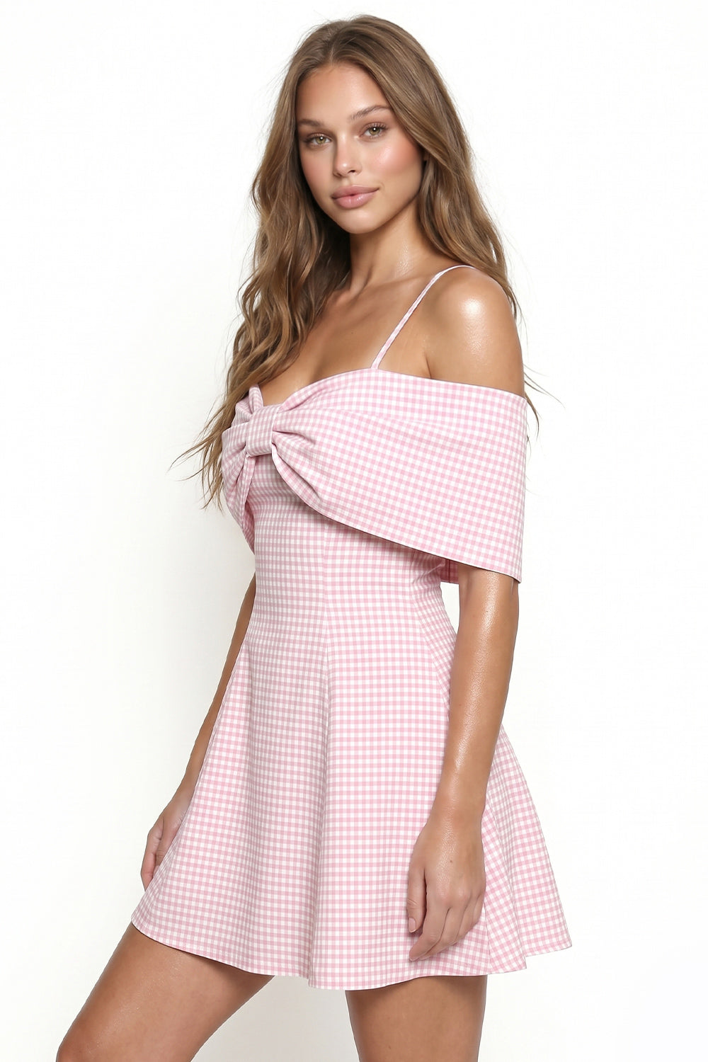 Gingham Off Shoulder Bow Mini Dress