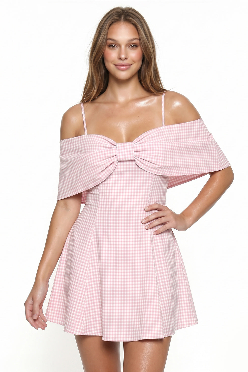 Gingham Off Shoulder Bow Mini Dress